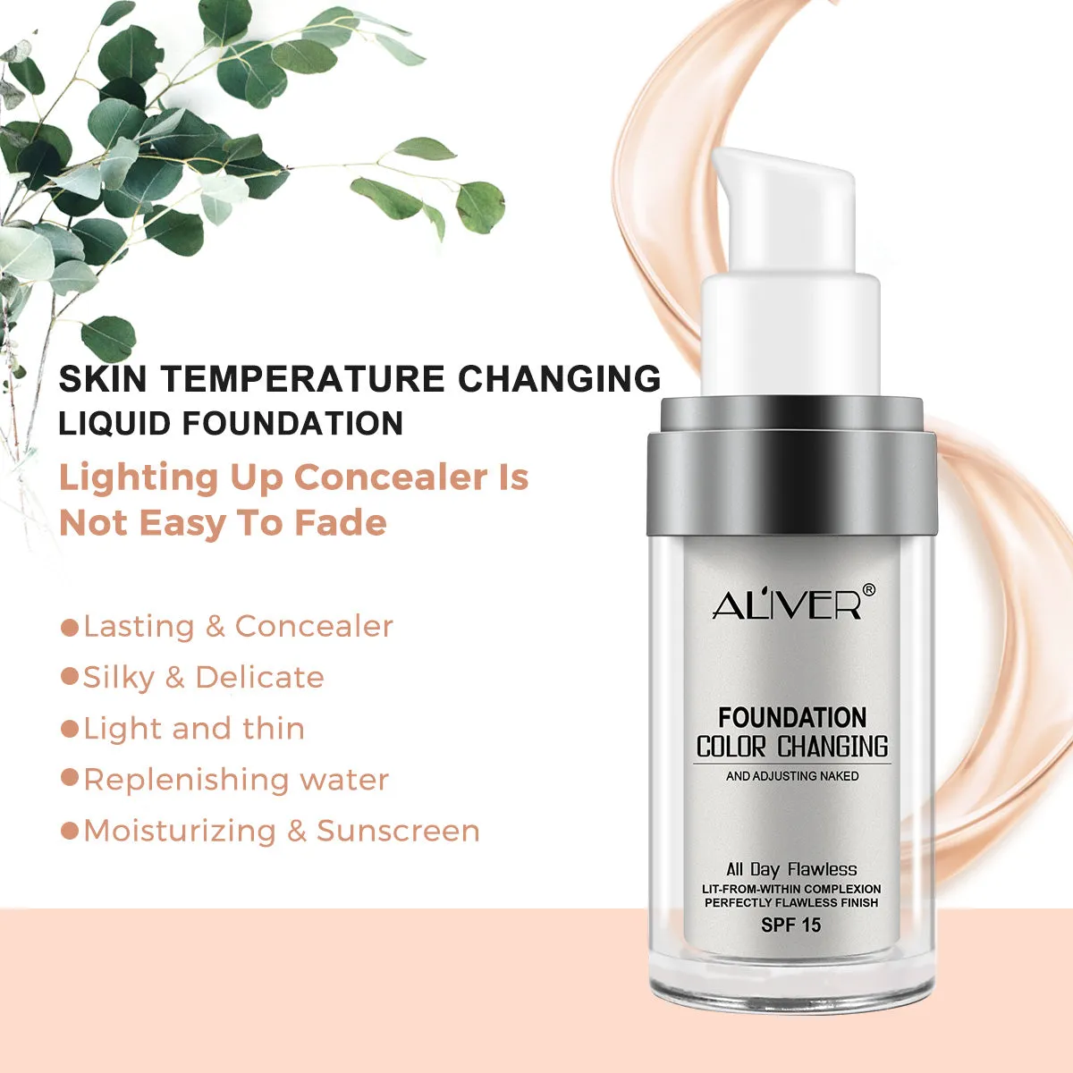 Aliver Color Changing Liquid Foundation-Flawless Warm Skin Tone Foundation Makeup-Lasting & Concealer-1 fl oz.