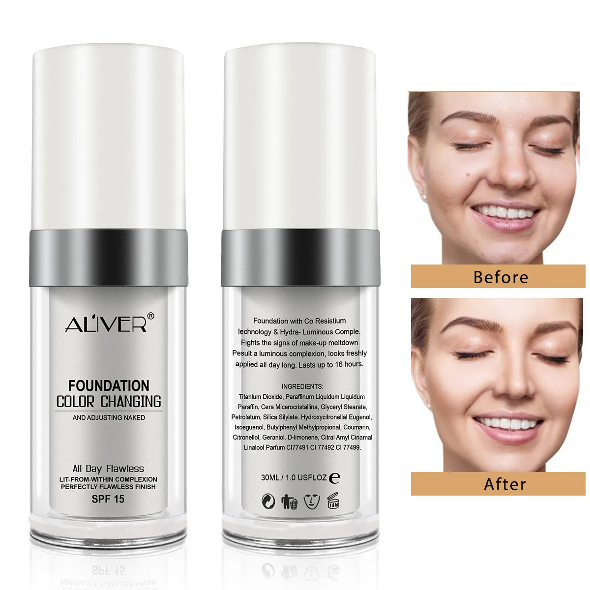 Aliver Color Changing Liquid Foundation-Flawless Warm Skin Tone Foundation Makeup-Lasting & Concealer-1 fl oz.