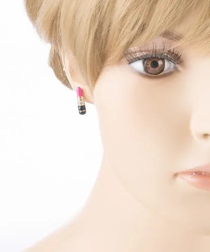 Fun Cute Mini 17mm Lipstick Crystal Rhinestone Enamel Stud Earrings Gold Pink