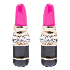 Fun Cute Mini 17mm Lipstick Crystal Rhinestone Enamel Stud Earrings Gold Pink