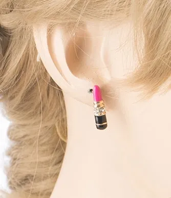 Fun Cute Mini 17mm Lipstick Crystal Rhinestone Enamel Stud Earrings Gold Pink