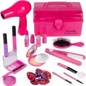 PixieCrush Kids Makeup Kit for Girls with Pretend Hair Dryer and Flat Iron; Play Makeup